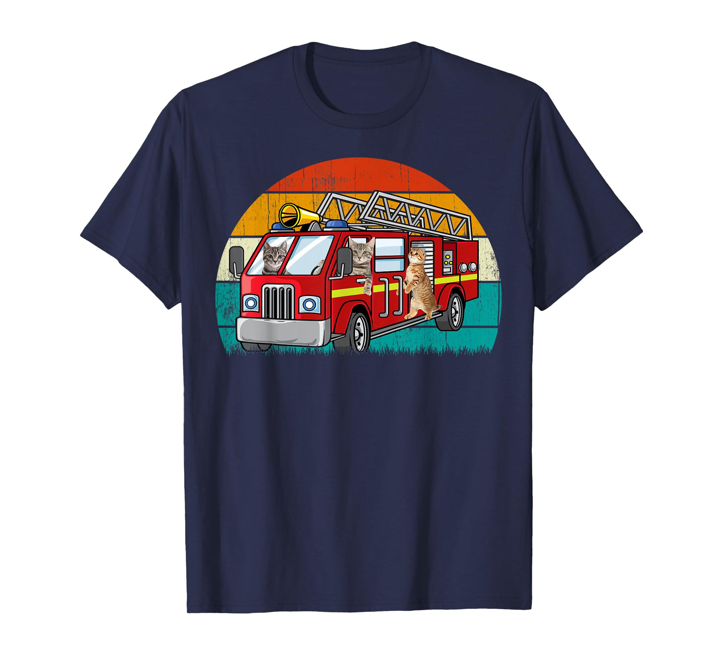 Vintage Retro Style Sunset rescue Engine Cat Firefighter T-Shirt