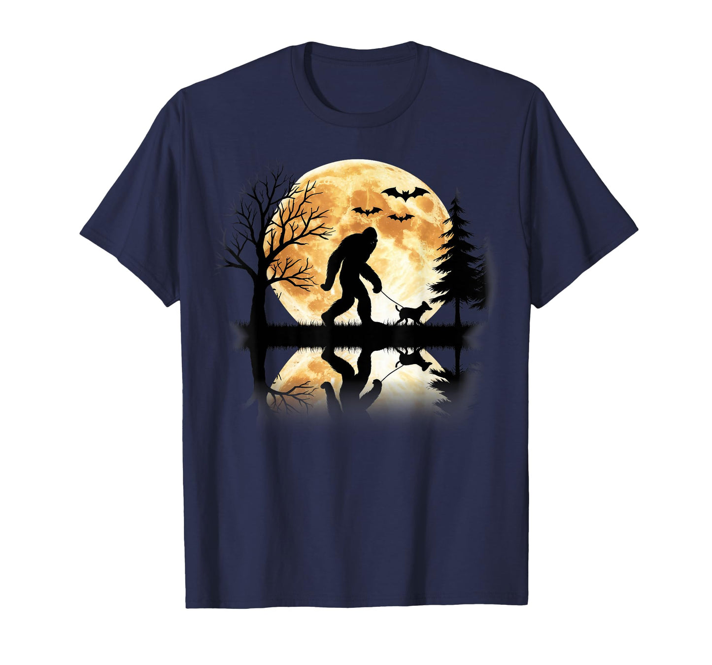 Bigfoot Walking With Dog Funny Halloween Moon T-Shirt