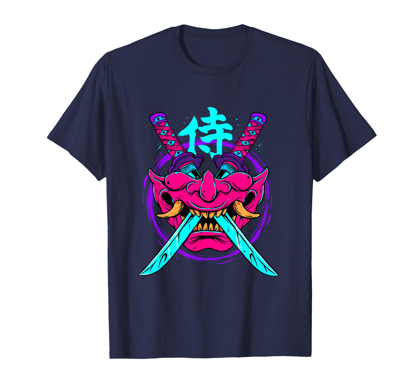 Vaporwave Aesthetic Japanese Samurai Mask Oni Kanji Bushido T-Shirt