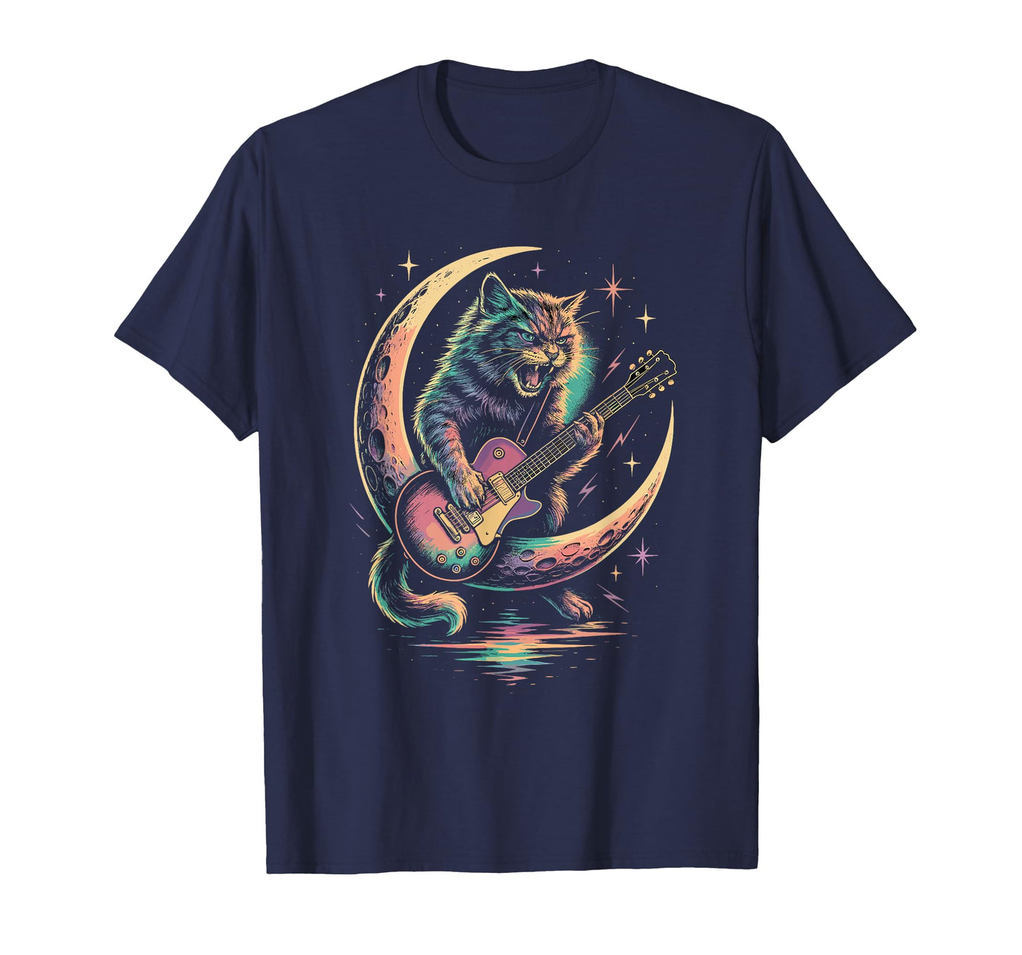 Rock Guitar Cat on Moon for Music Lovers Color Feline Fans T-Shirt