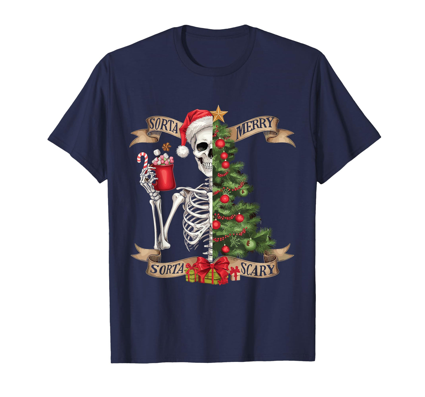 Funny Christmas Skeleton Sorta Merry Sorta Scary Tree Xmas T-Shirt