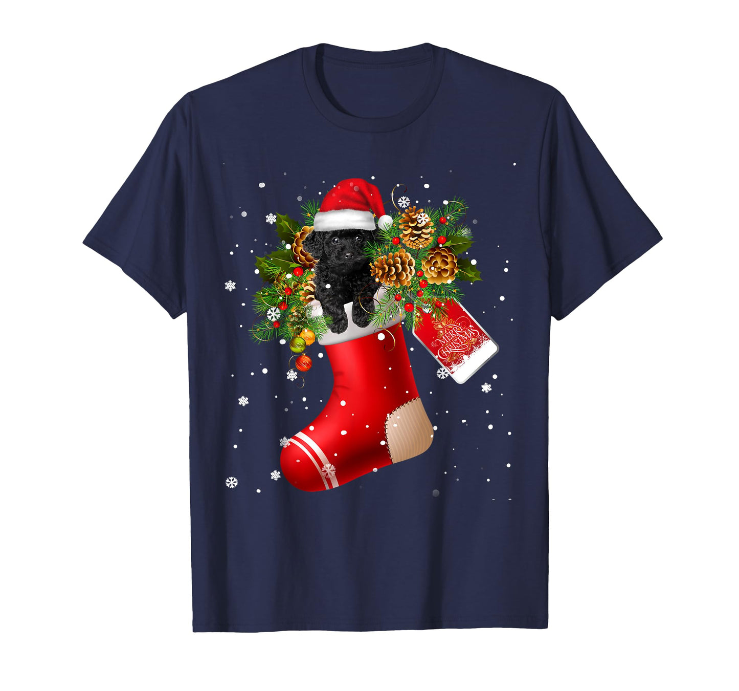 Santa Black Toy Poodle In Christmas Sock Pajama T-Shirt