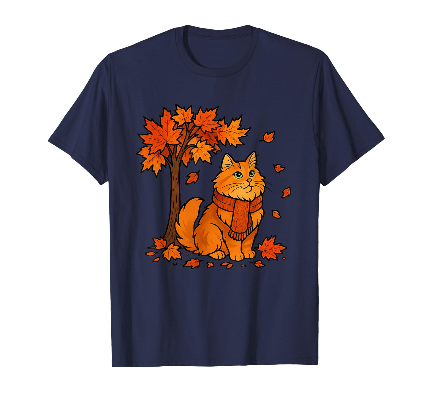 Autumn Cat Scarf Fall Vibes Falling Leave Tree Thanksgiving T-Shirt