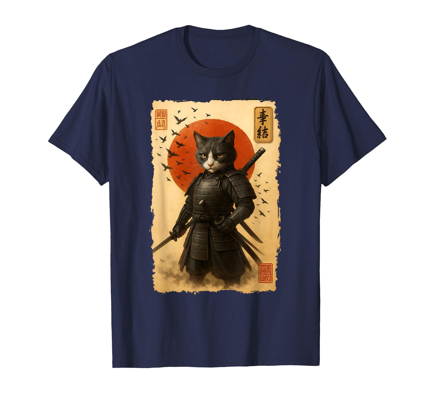 Vintage Japanese Art Anime Samurai Cat Warrior Men Women T-Shirt
