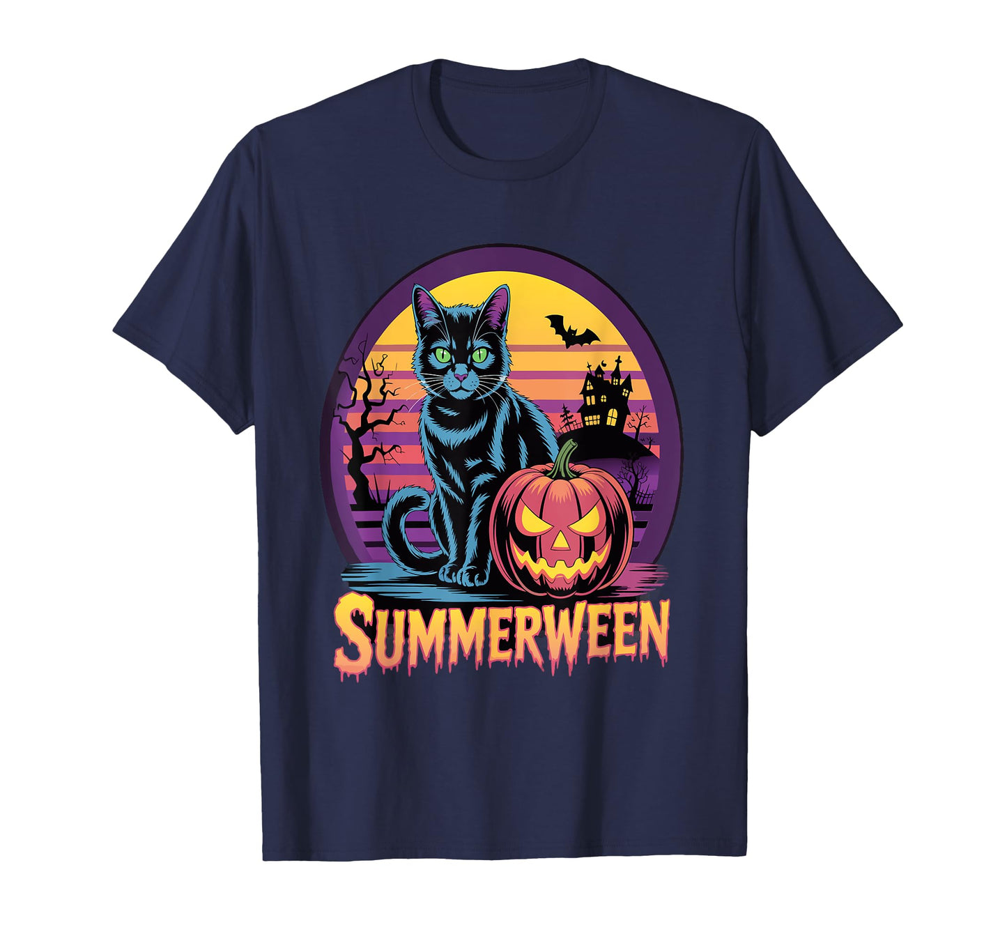 Retro Black Cat Spooky Cute Art Summerween Vibes Men Women T-Shirt
