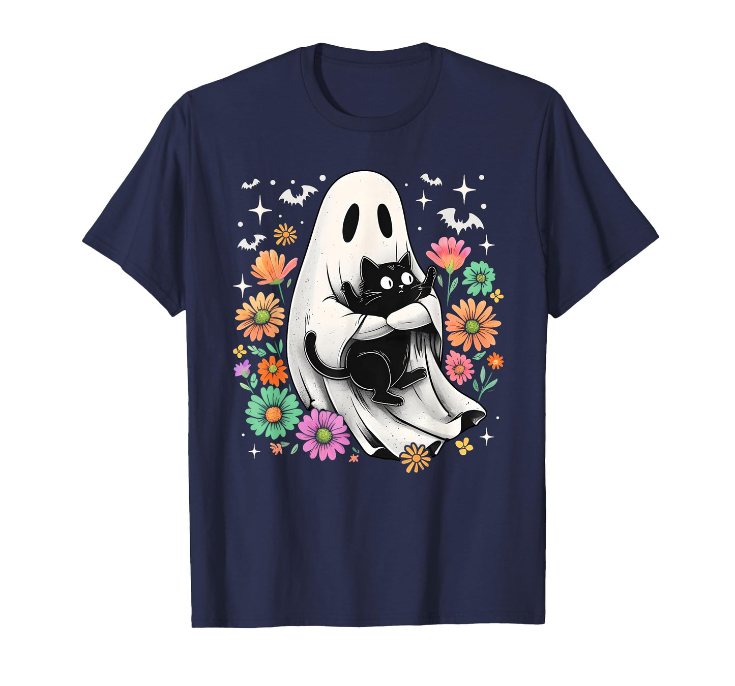 Spooky Ghost Black Cat Lover Groovy Floral Halloween T-Shirt for Men Women Kids