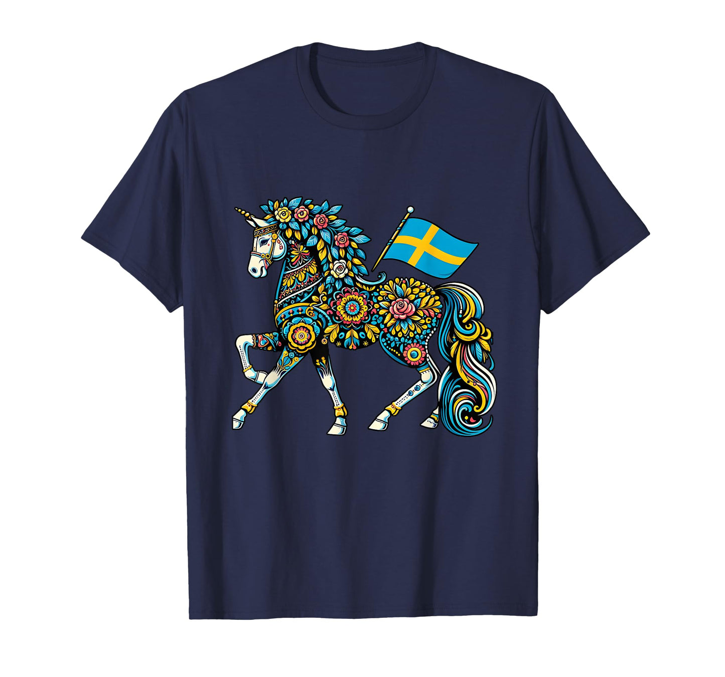 Swedish Dala Horse Folk Art Sweden Flag Dalahelmsoljd Horse T-Shirt