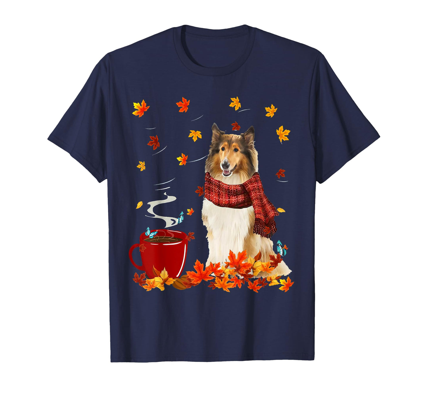 Rough Collie Fall Red Scarf Autumn Leaf For Dog Lover T-Shirt