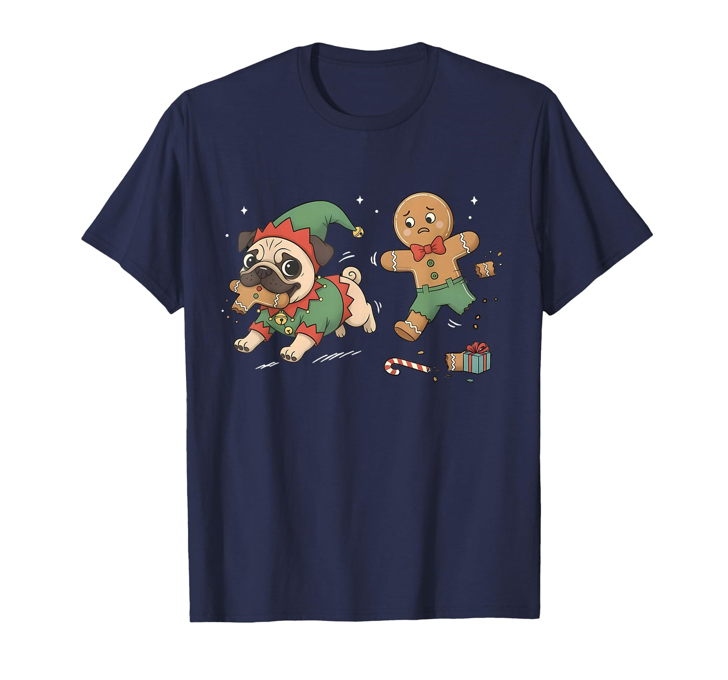 Funny Gingerbread Chasing Pug Christmas Dog Mom Pug Lovers T-Shirt