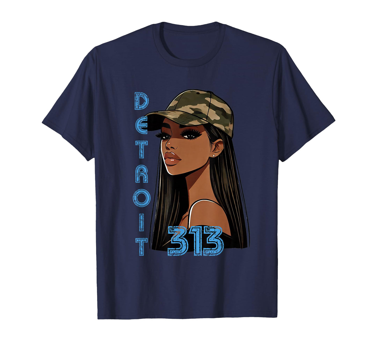 Detroit 313 Black Woman Camo Hat Hometown T-Shirt