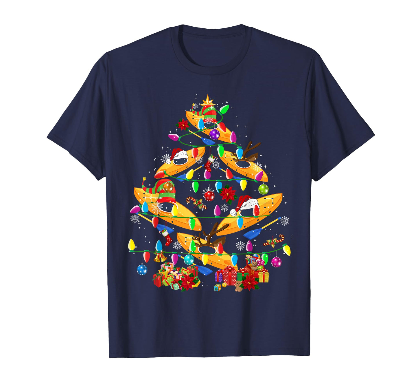 Kayak Boat Christmas Tree Funny Light Santa Kayak Boat T-Shirt