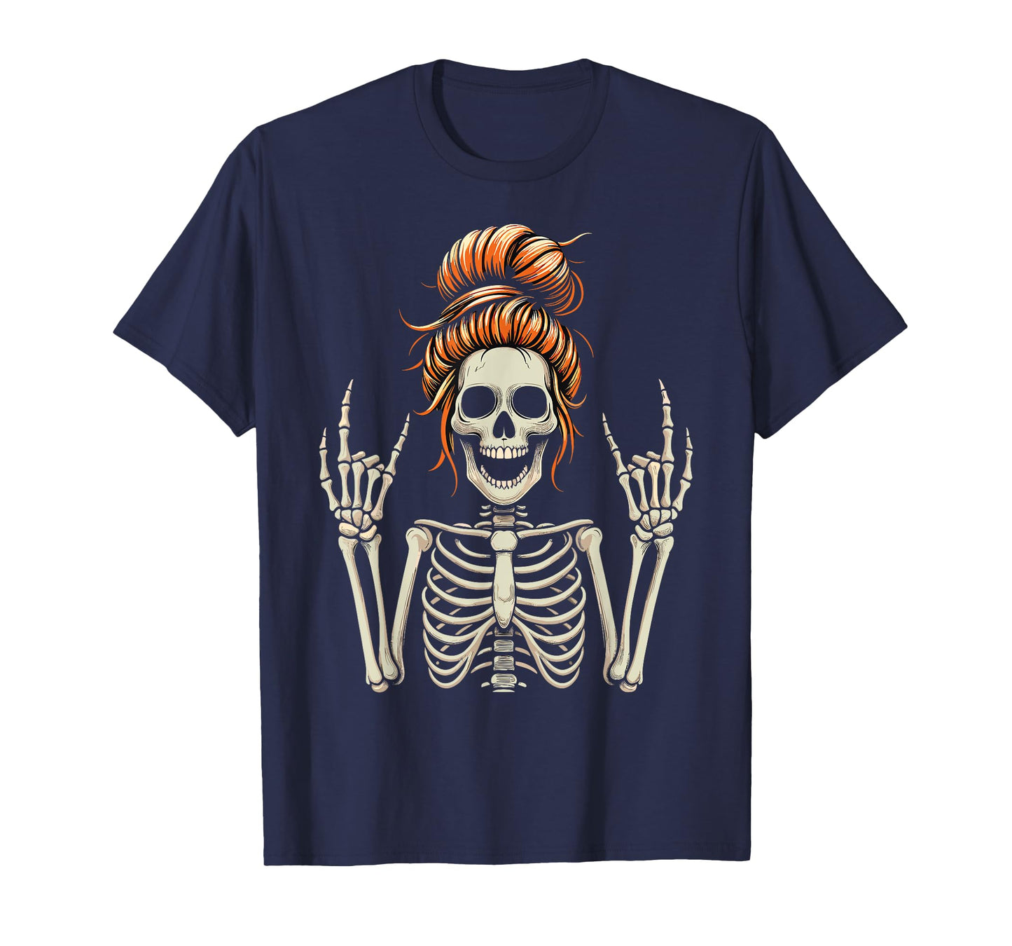 Rocker Messy Bun Skeleton Cool Halloween Punk Rock T-Shirt