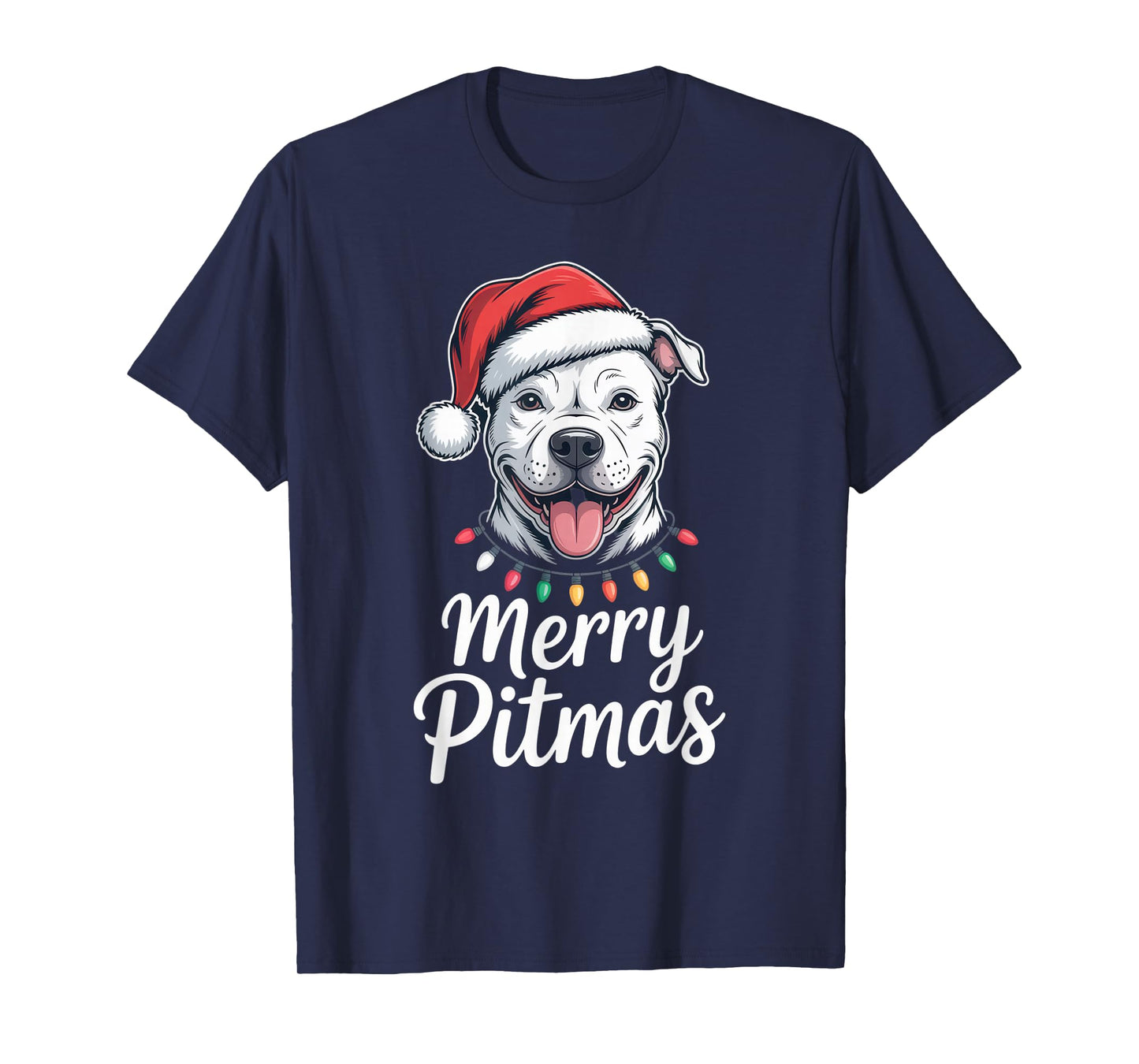 Merry Pitmas Pitbull Dog Christmas Lights Santa Hat Shirt T-Shirt