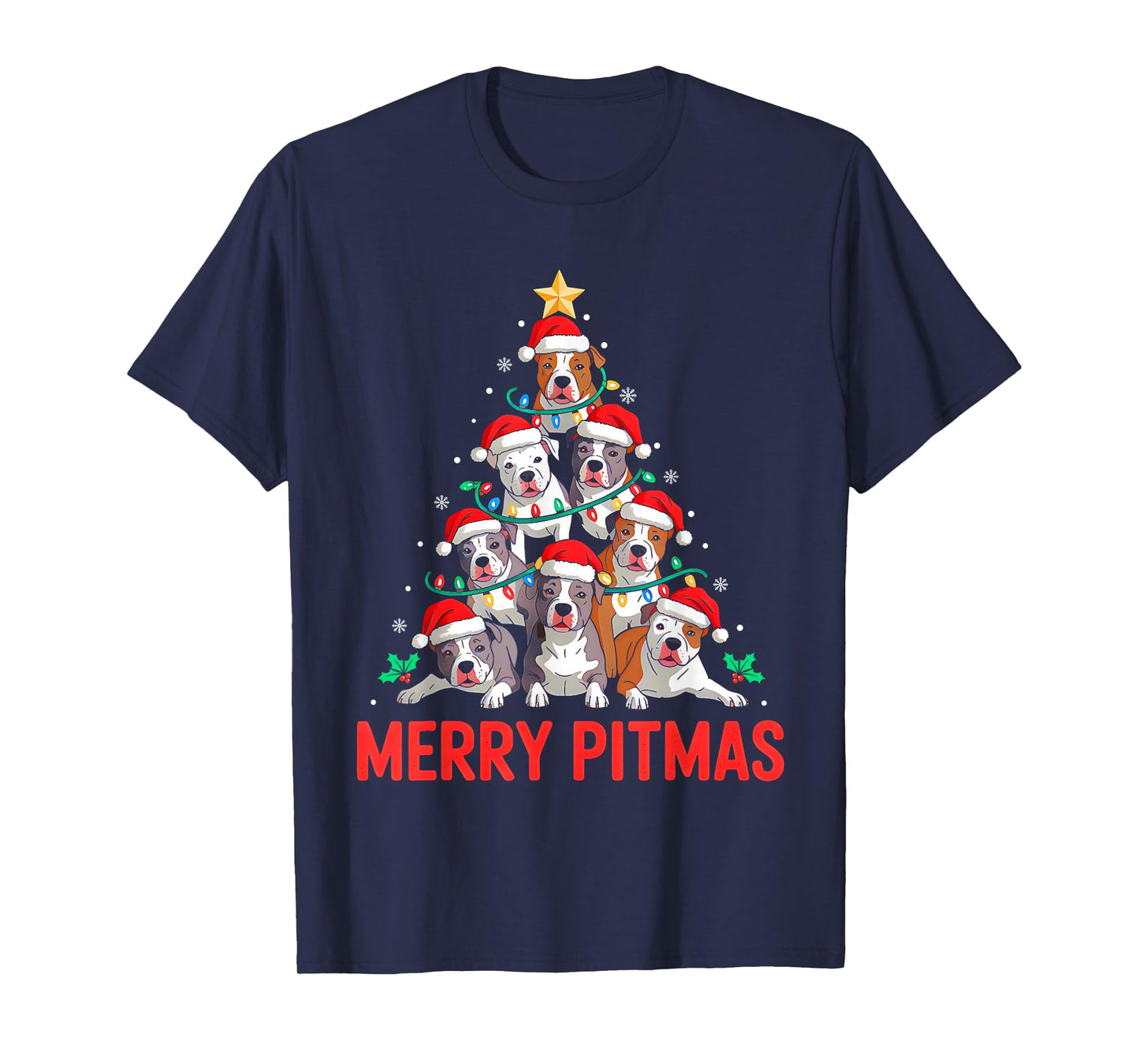 Pitbull Dog Tree Xmas Light Santa Hat Christmas Merry Pitmas T-Shirt