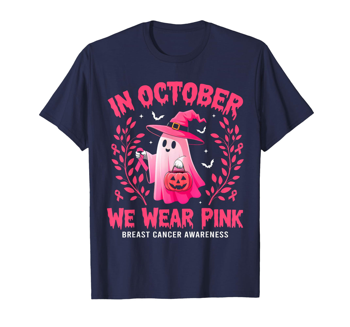 Retro Halloween Ghost Breast Cancer In October We Wear Pink T-Shirt