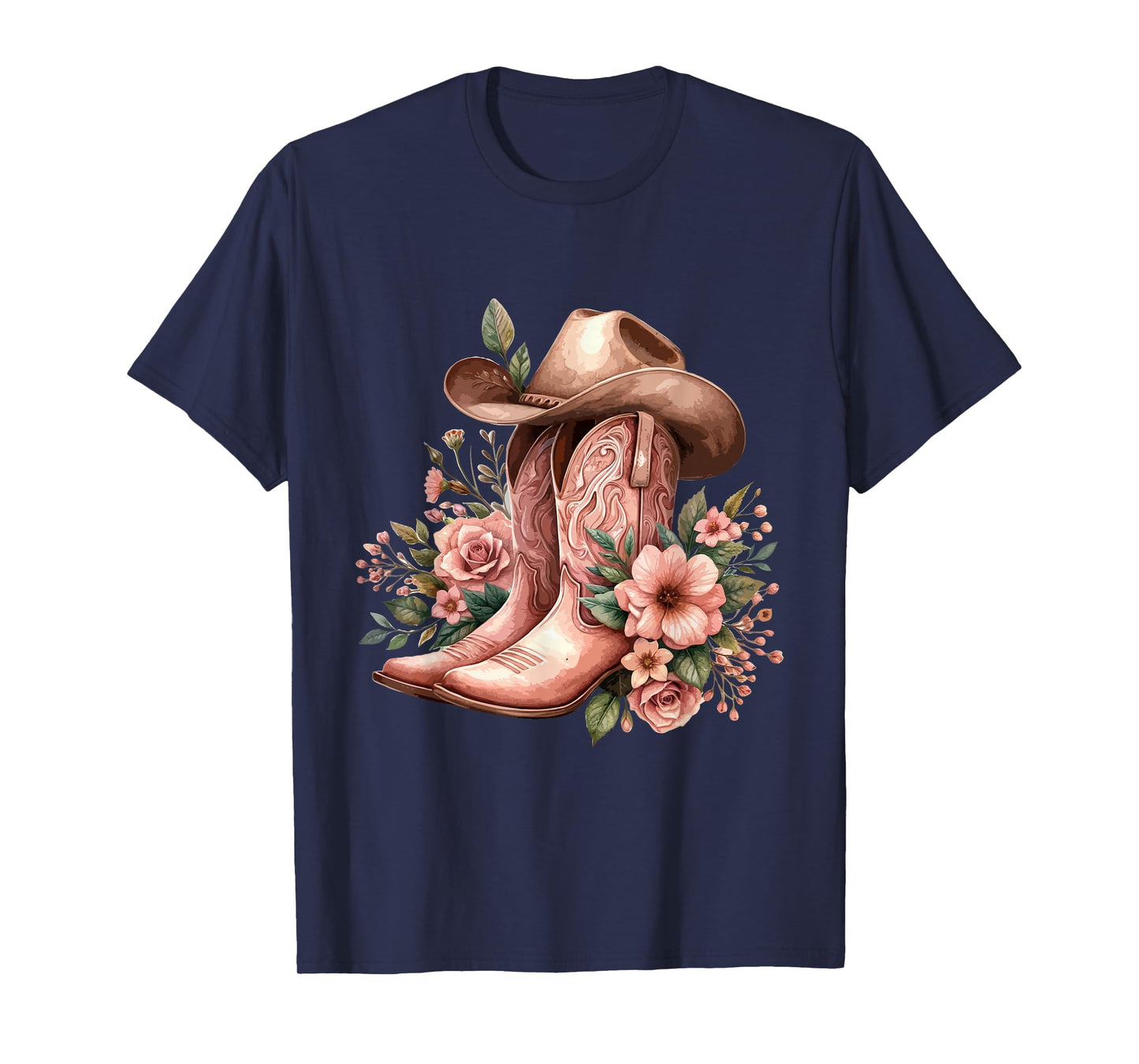 Boho Watercolor Cowgirl Boots Hat Floral Boots Western Boots T-Shirt