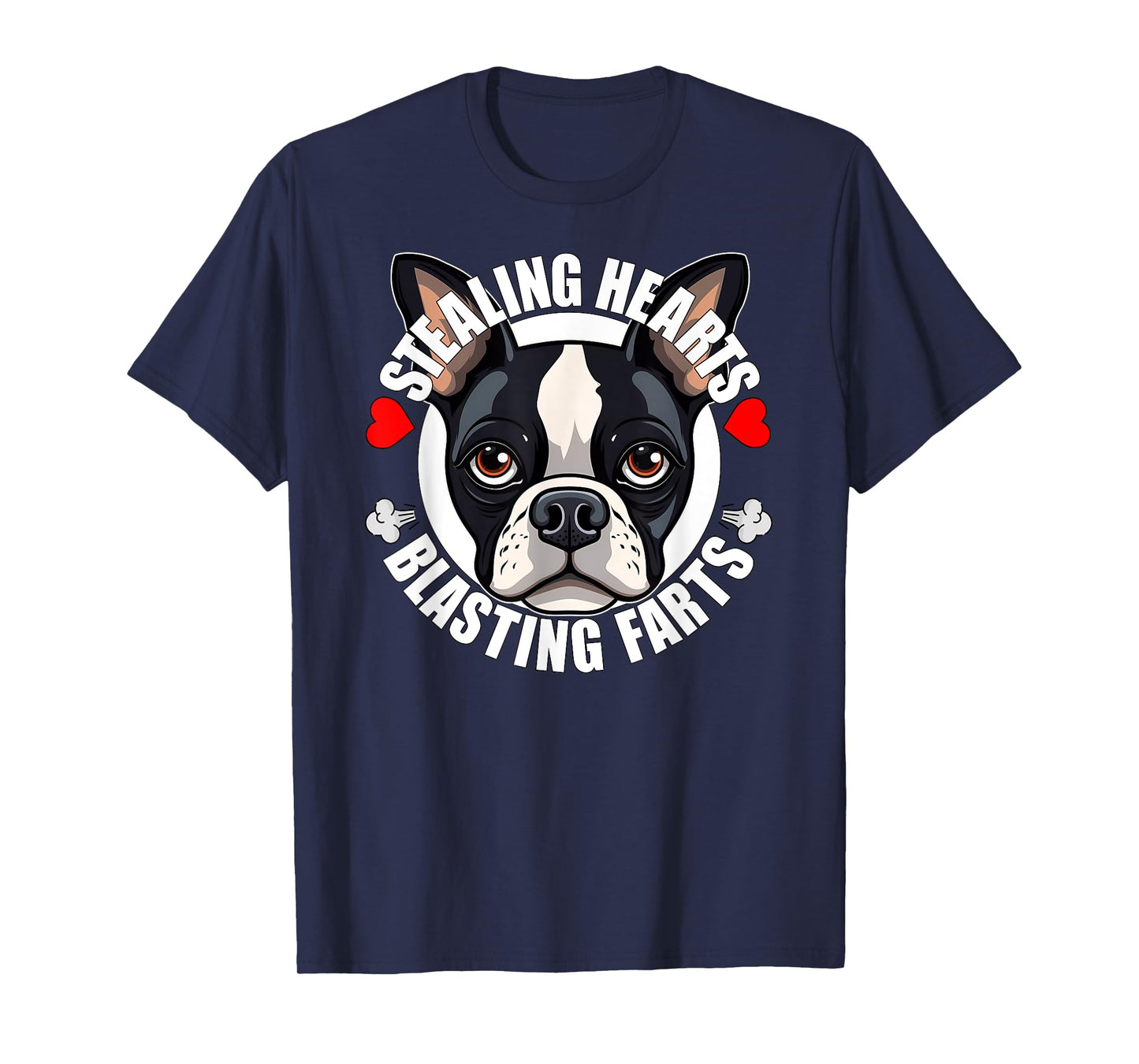 Funny Boston Terrier Stealing Hearts Blasting Farts Cute Dog Men Women Girls Kids T-Shirt