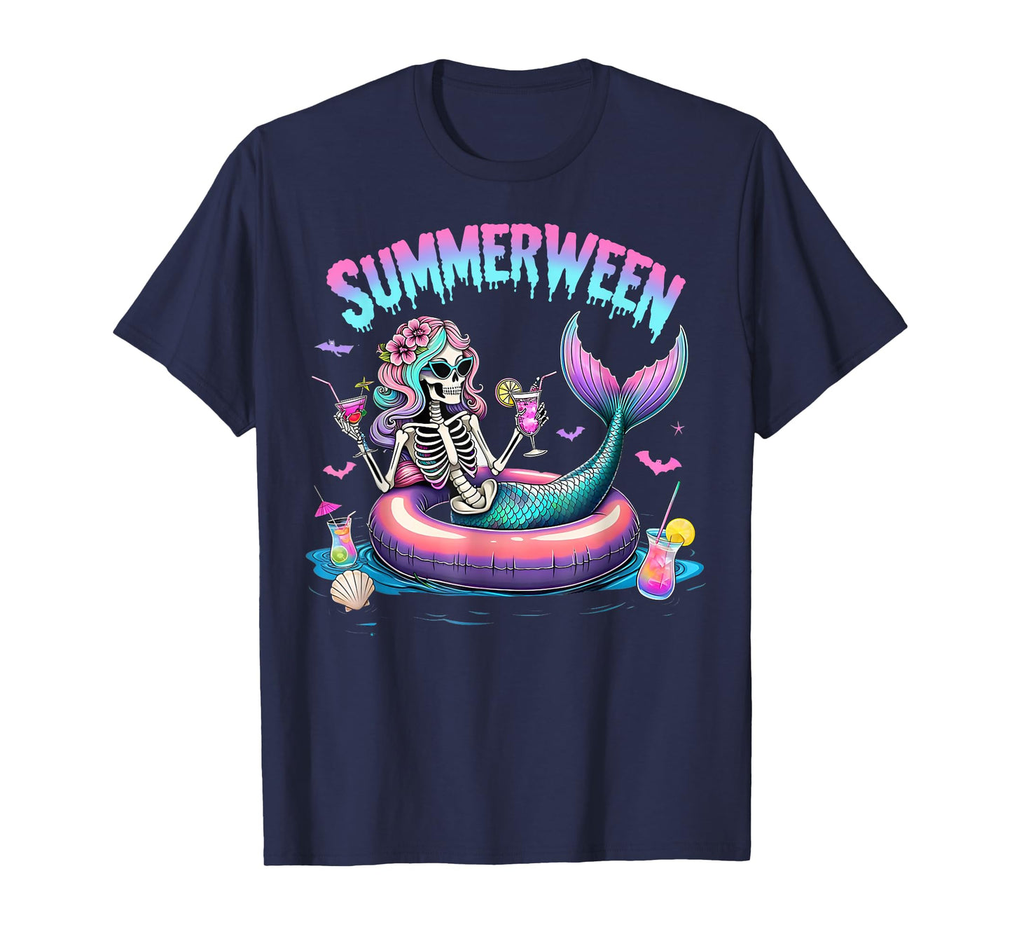 Summerween Mermaid Skeleton Beach Flamingo Halloween Girl T-Shirt