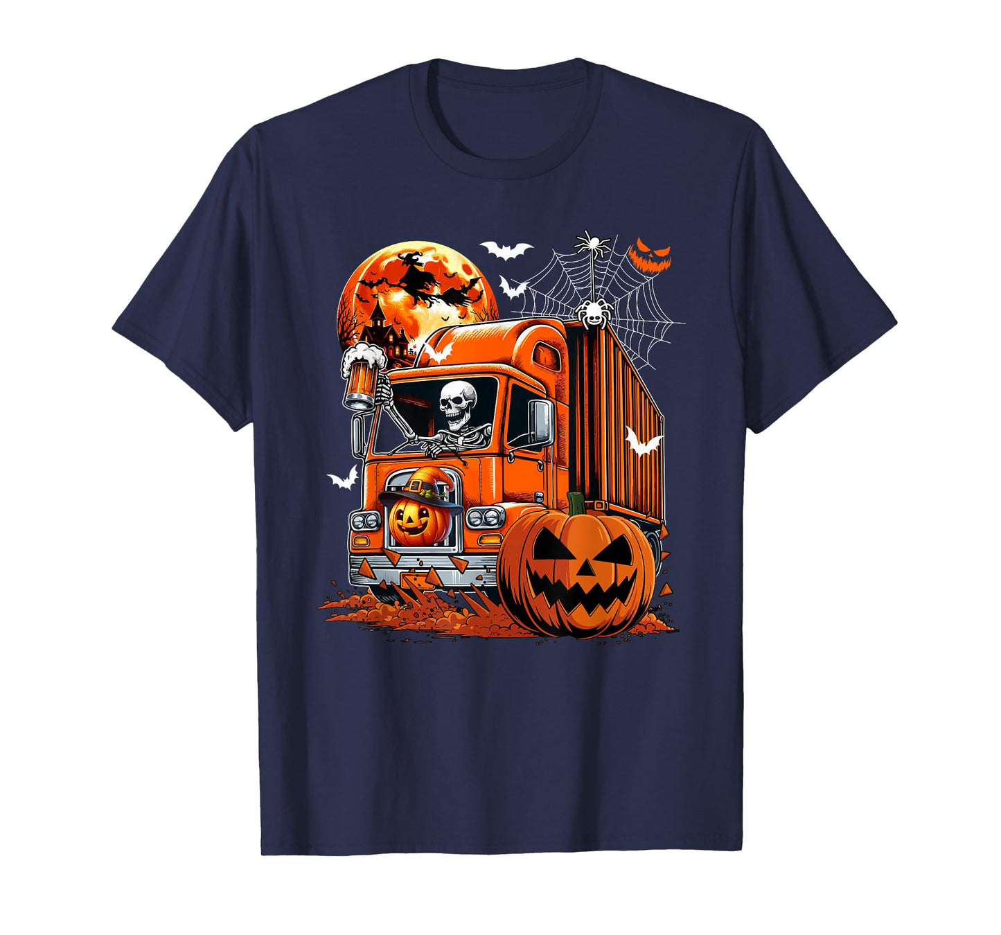 Skeleton Drinking Beer On Truck Halloween Pumpkins T-Shirt