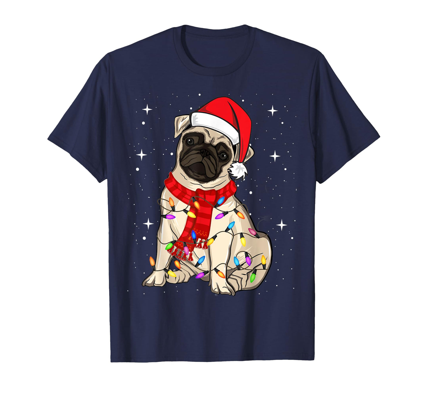 Pug Dogs Christmas Light Santa Hat Puggy Lover Xmas T-Shirt