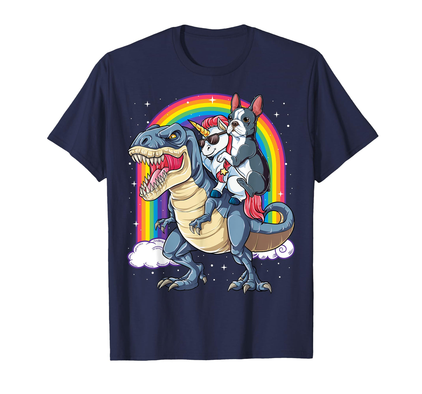 Boston Terrier Unicorn Riding Dinosaur T-rex Girls Rainbow T-Shirt