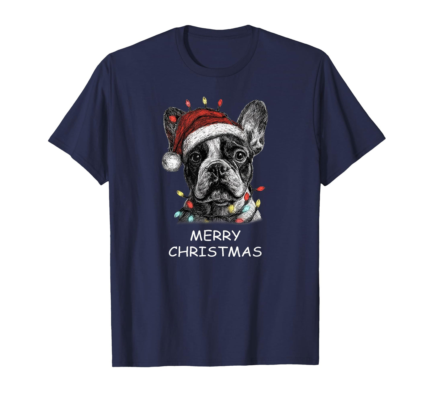 Funny French Bulldog Dog Santa Hat Xmas Lights Christmas T-Shirt