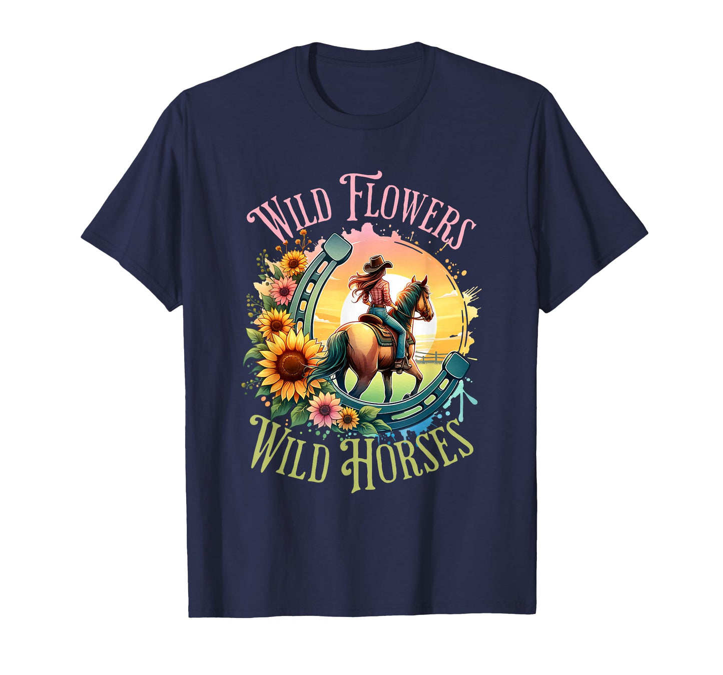 Wild Flowers & Wild Horses Country Sunset Western Cowgirl T-Shirt