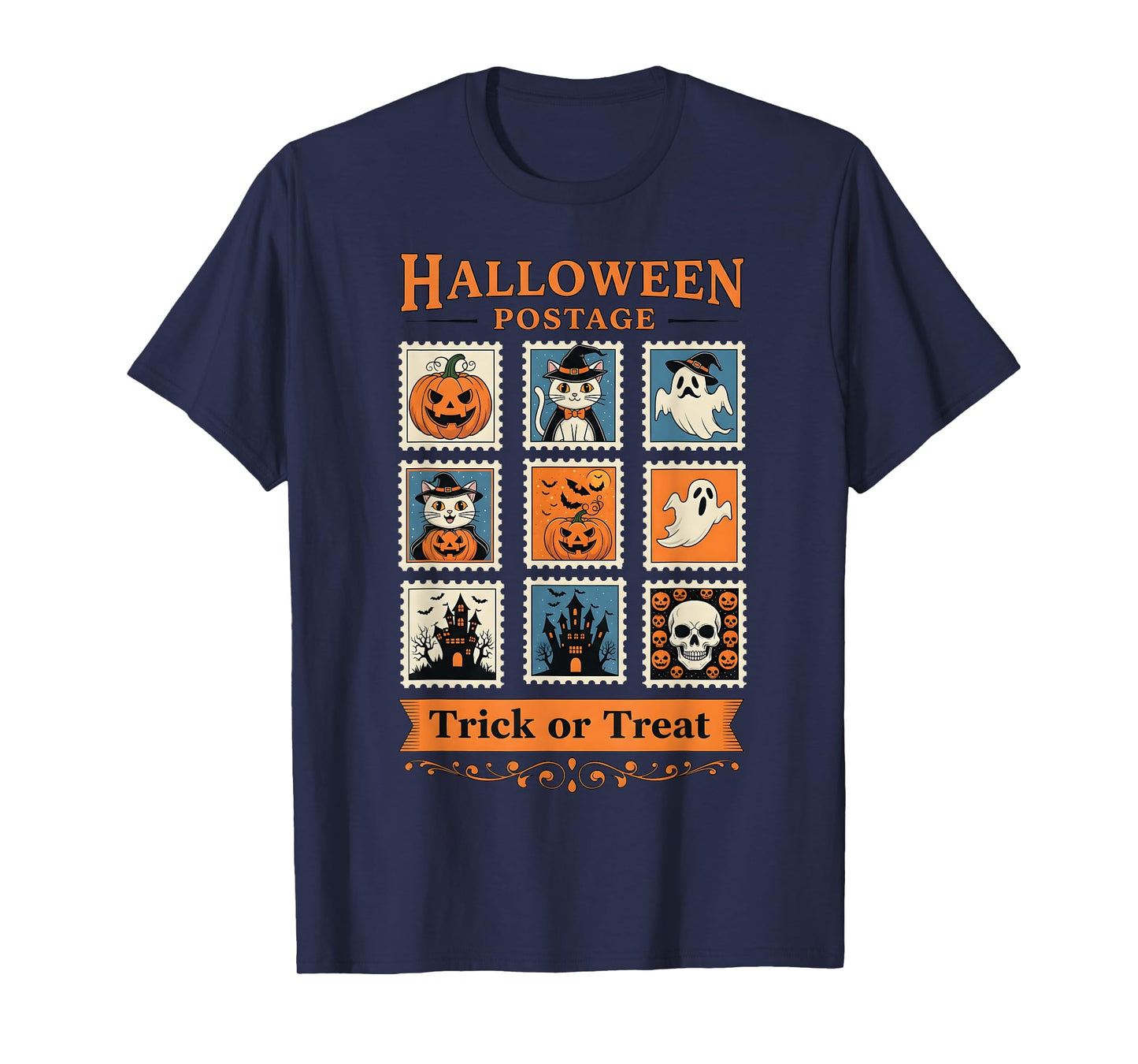 Halloween Postage Trick or Treat Ghost Skull Cat T-Shirt