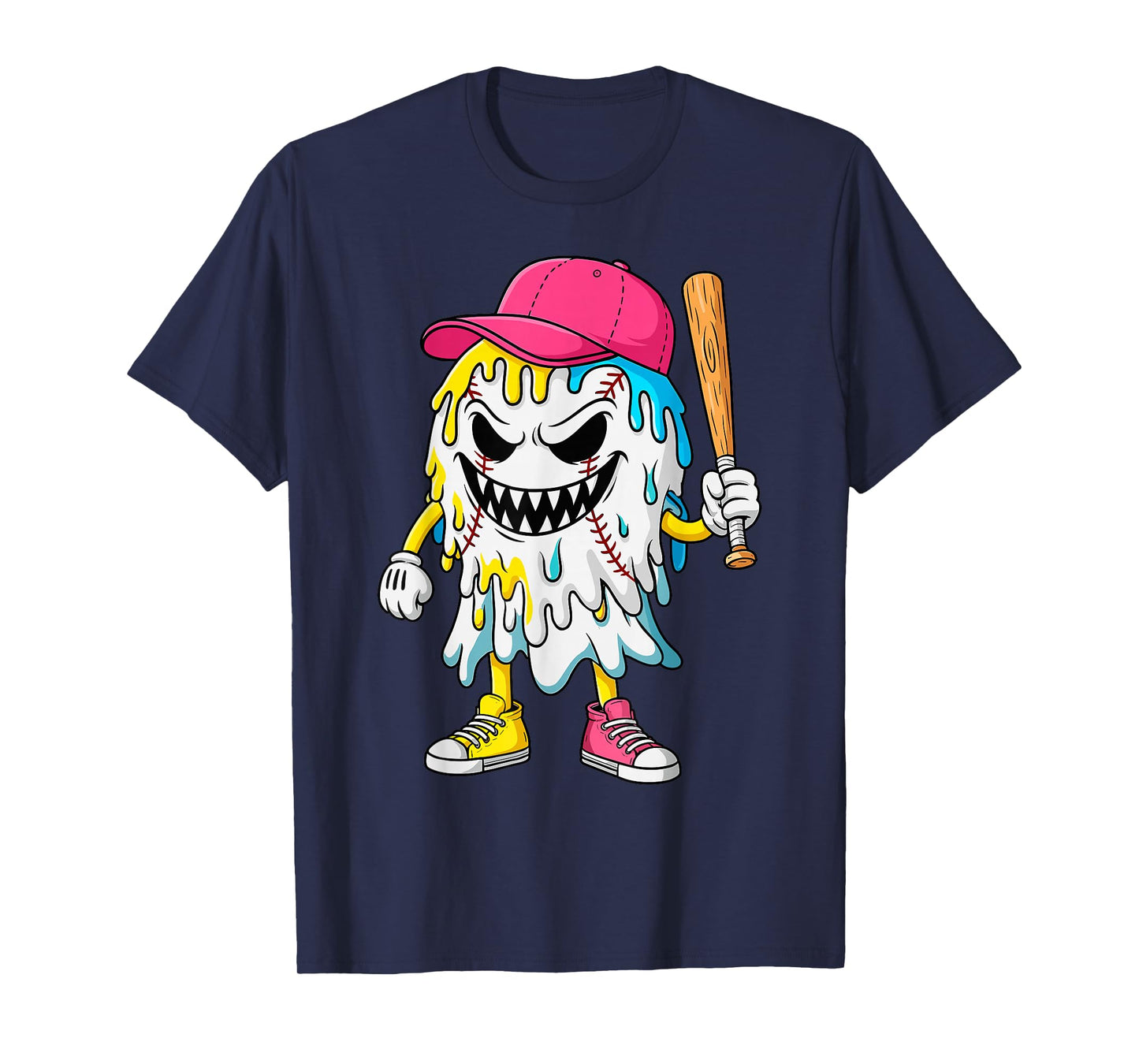 Ice Cream Drip Ghost Baseball Lovers Baseball Drip Halloween T-Shirt