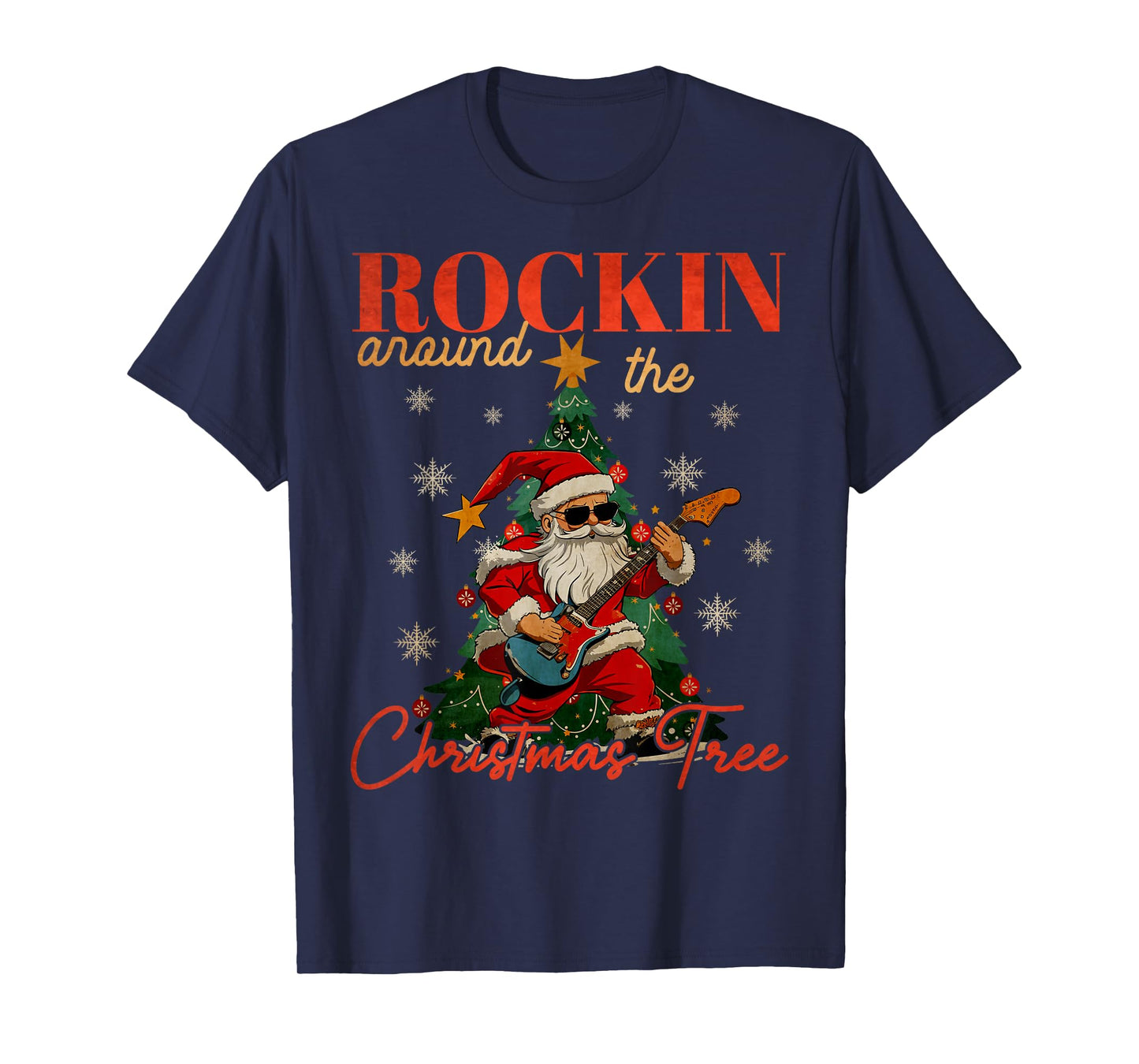 Rocking Around The Christmas Tree Santa Rock and Roll Guitar T-Shirt