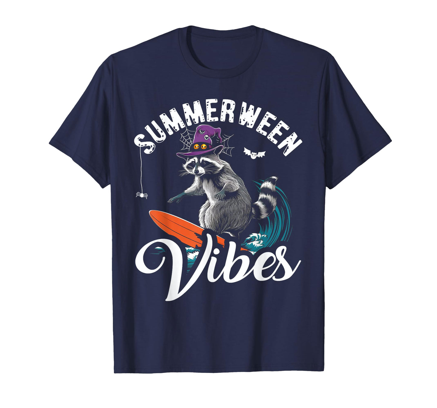 Summerween Vibes Raccoon Surfing Summer Halloween Vacation T-Shirt