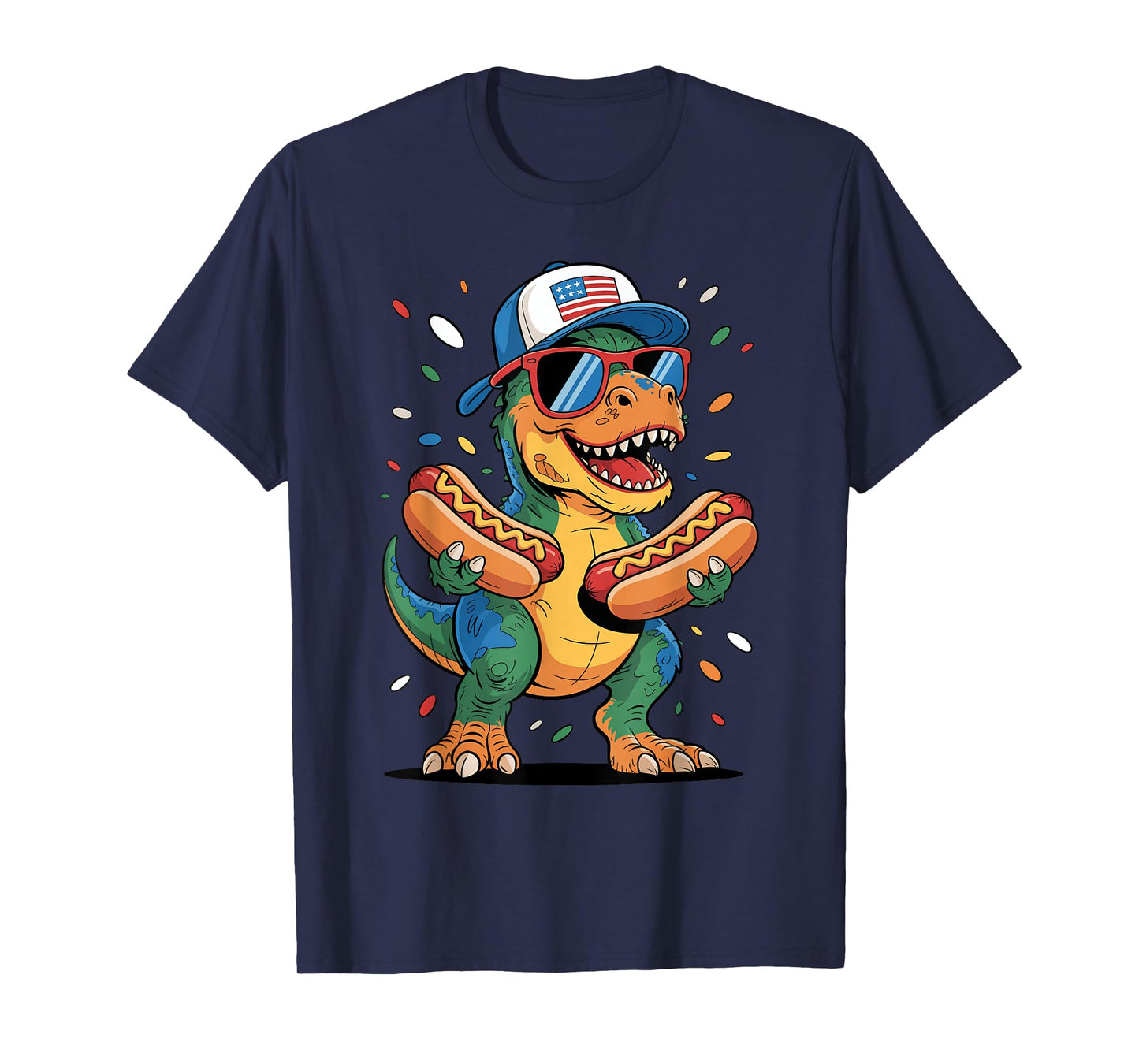 T Rex Dinosaur With Hotdogs USA Flag Sunglasses 4th of July T-Shirt