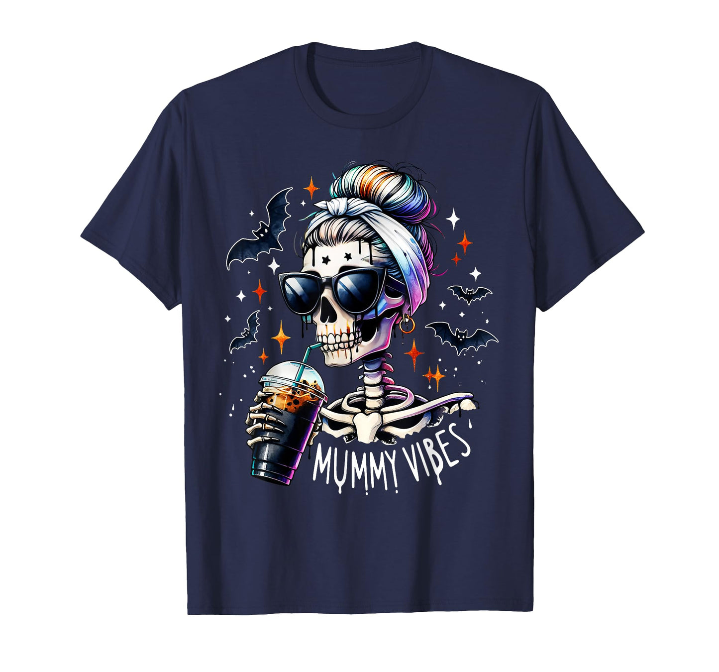 Mummy Vibes Skeleton Coffee Mom Spooky Season Halloween T-Shirt