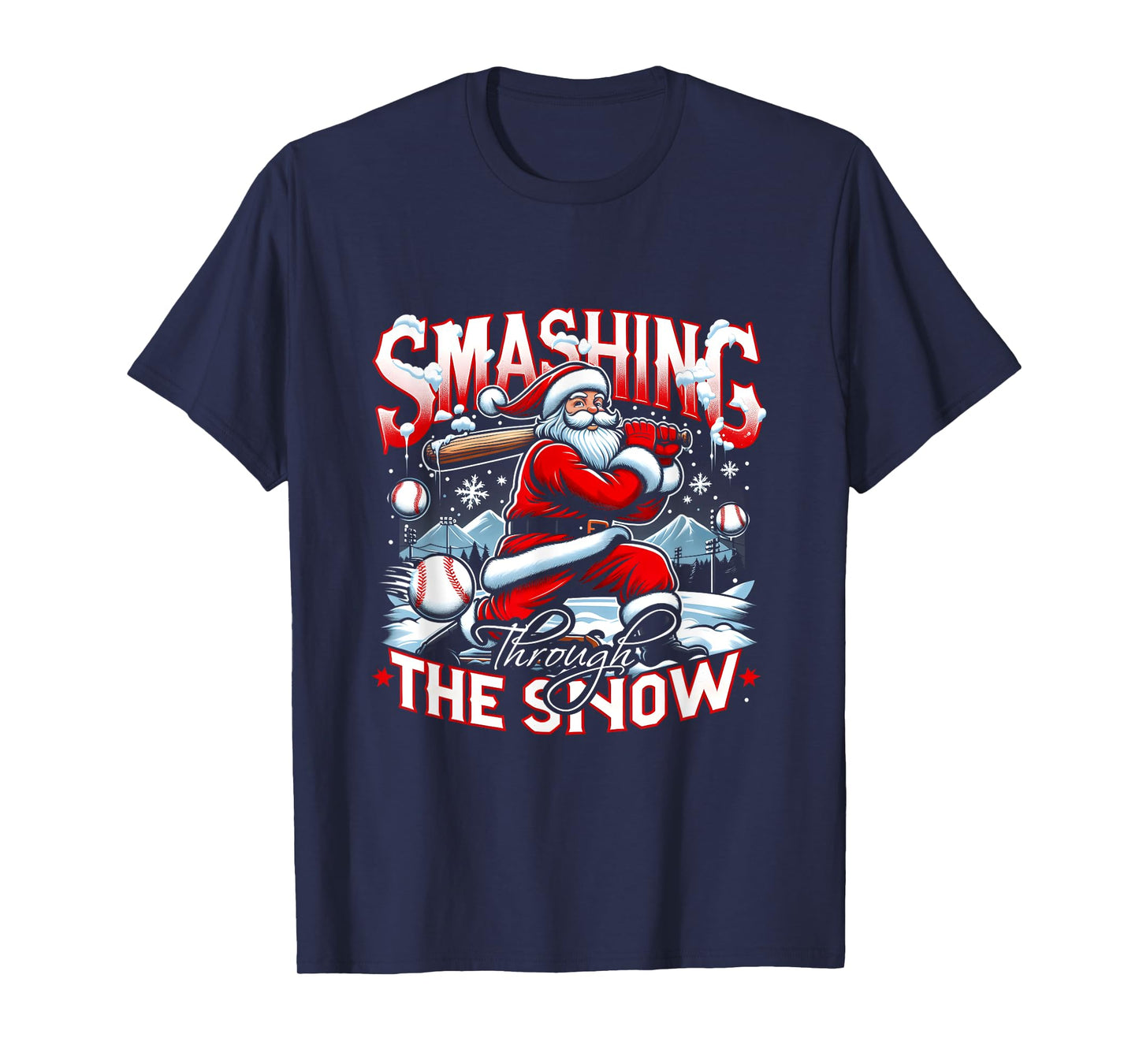 Baseball Player Christmas Santa Smashing Through Snow T-Shirt