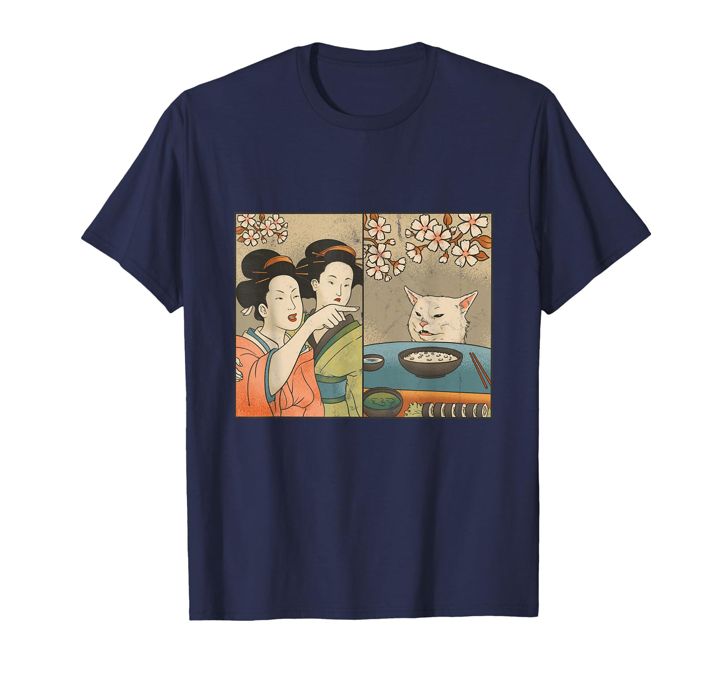 Japanese Art Cherry Blossom Cat and Sushi T-Shirt