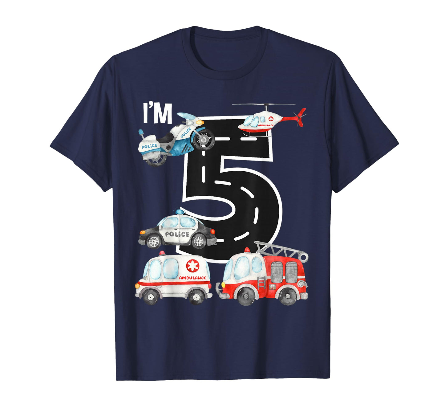 Emergency Vehicles 5th Birthday Fire Truck Police Car Boys T-Shirt
