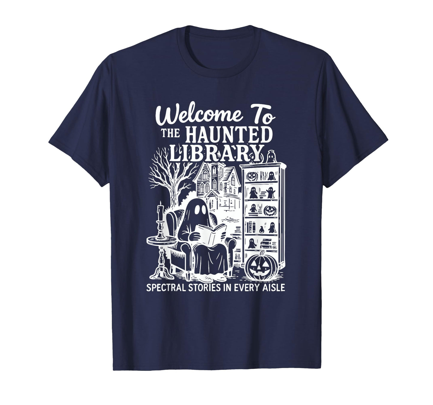 Welcome To The Haunted Library Halloween Ghost Reading Book T-Shirt
