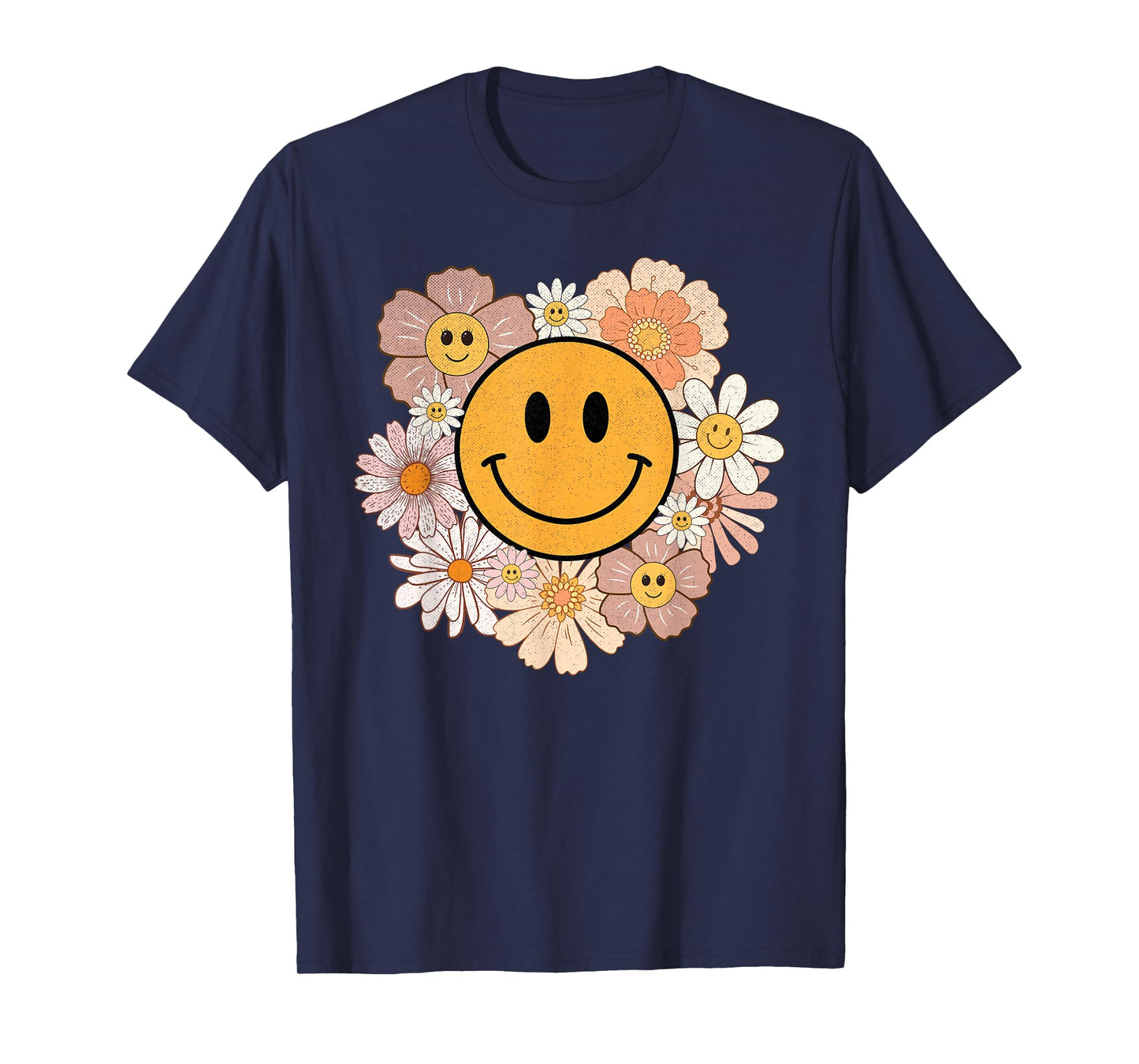 Retro Groovy Smile Happy Face Cute Hippie Flowers 70s T-Shirt