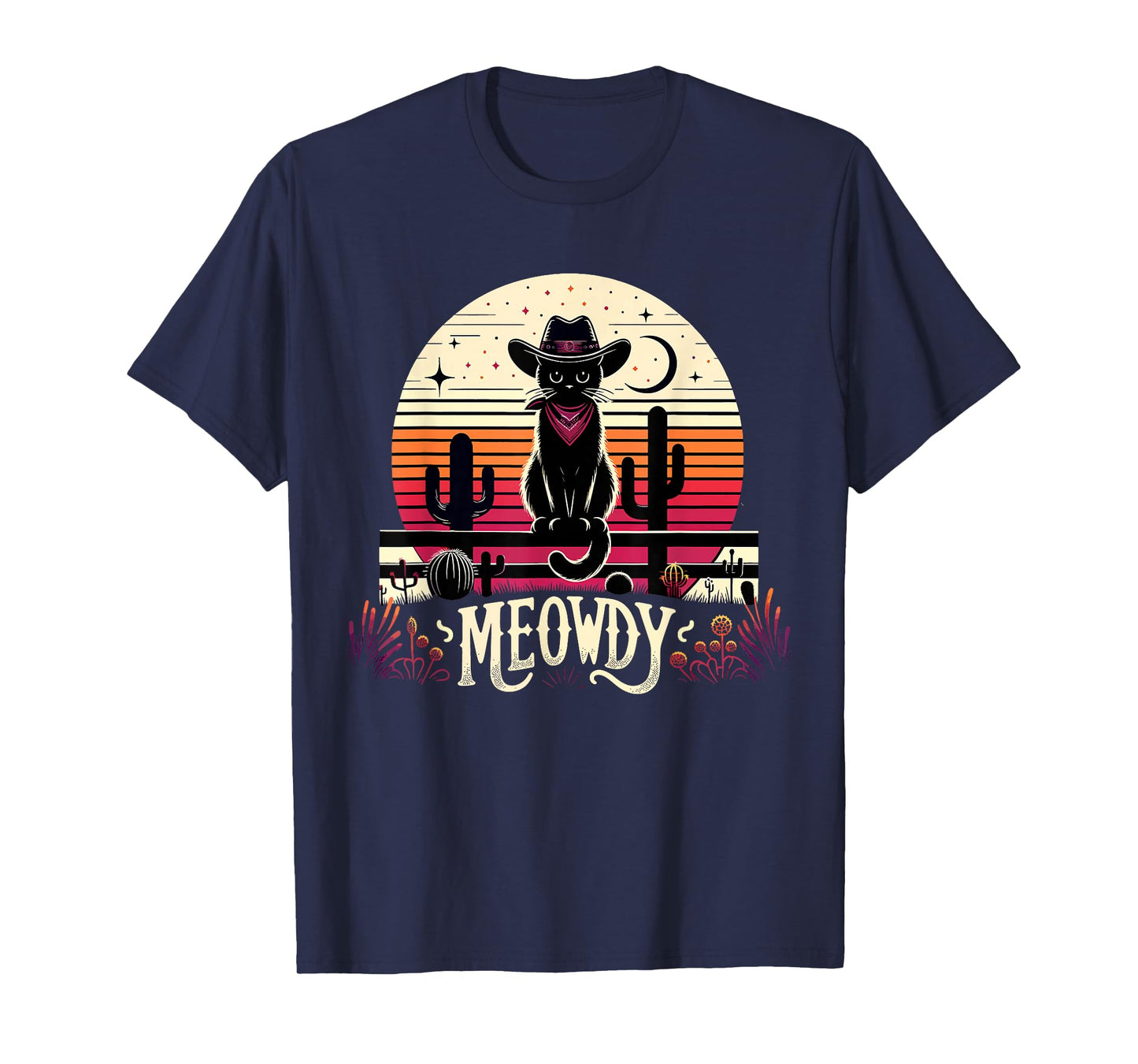 Cat Cowboy Meowdy Cat Mushup Western Country Retro Sunset T-Shirt