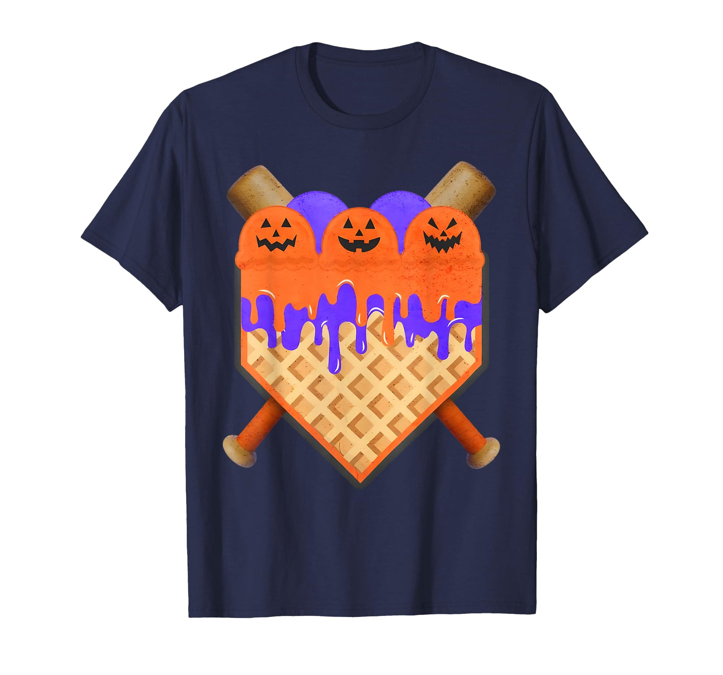 Baseball Home Plate Ice Cream Drip with Pumpkin Faces T-Shirt