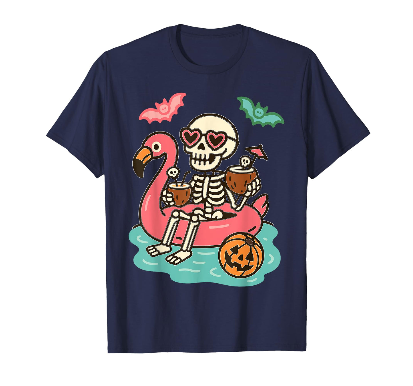 Funny Summerween Skeleton Floating in Flamingo Cute Spooky T-Shirt
