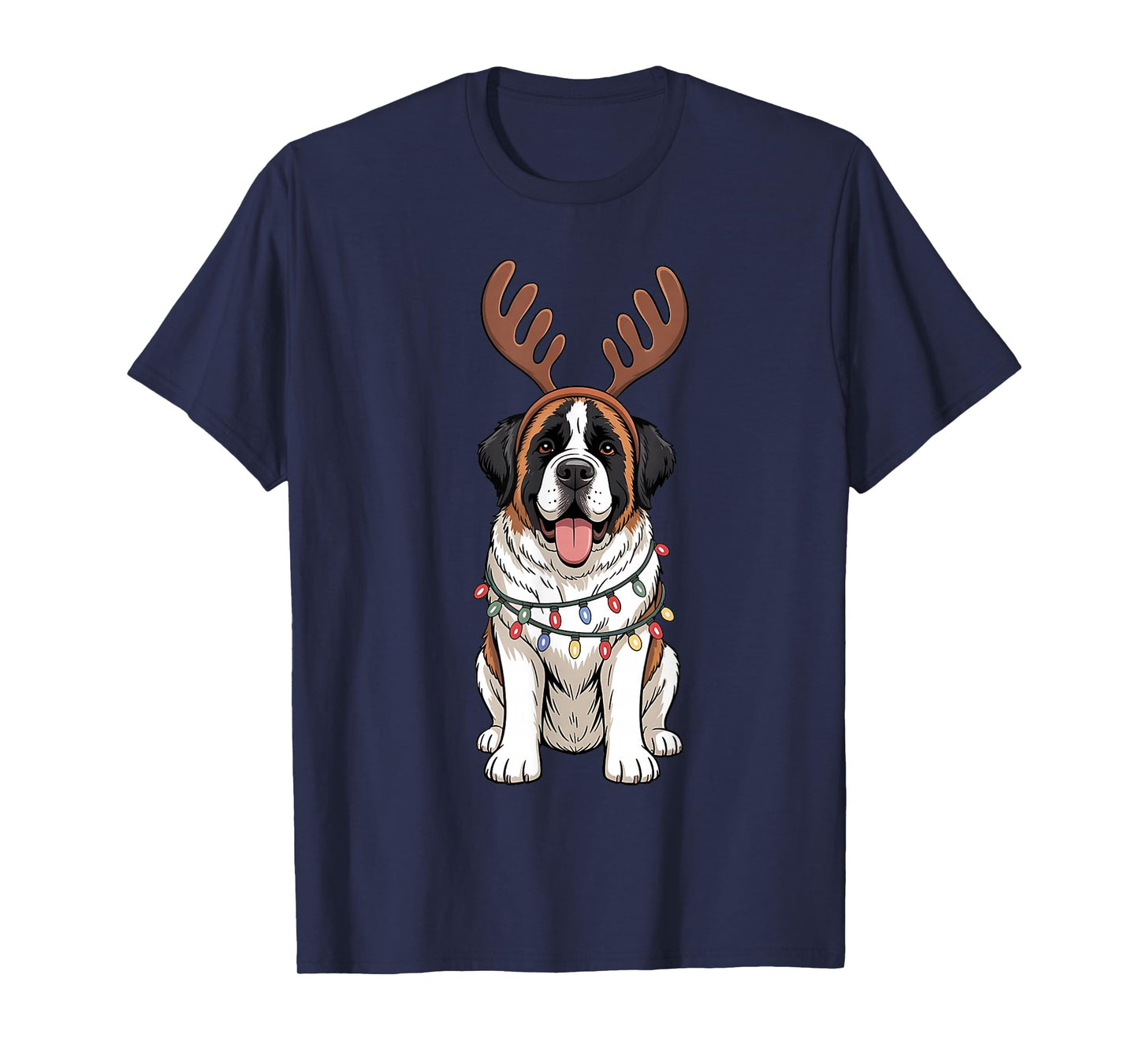 Saint Bernard Dog Christmas Reindeer Lights Funny Xmas T-Shirt