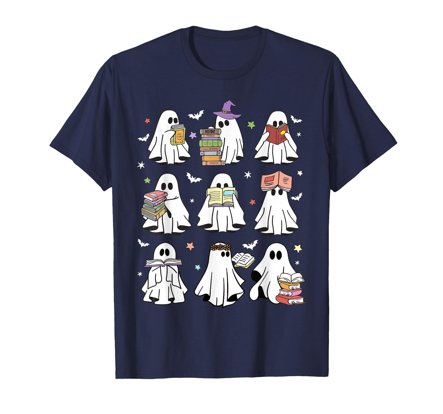 Funny Ghost Reading Book Retro Halloween Teacher T-Shirt