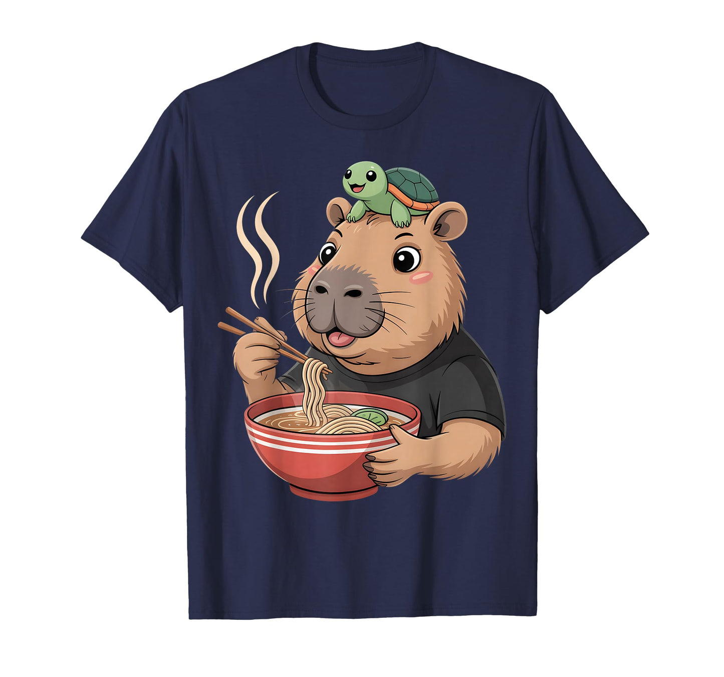 Kawaii Capybara Eating Ramen with Turtle Animal Noodle T-Shirt