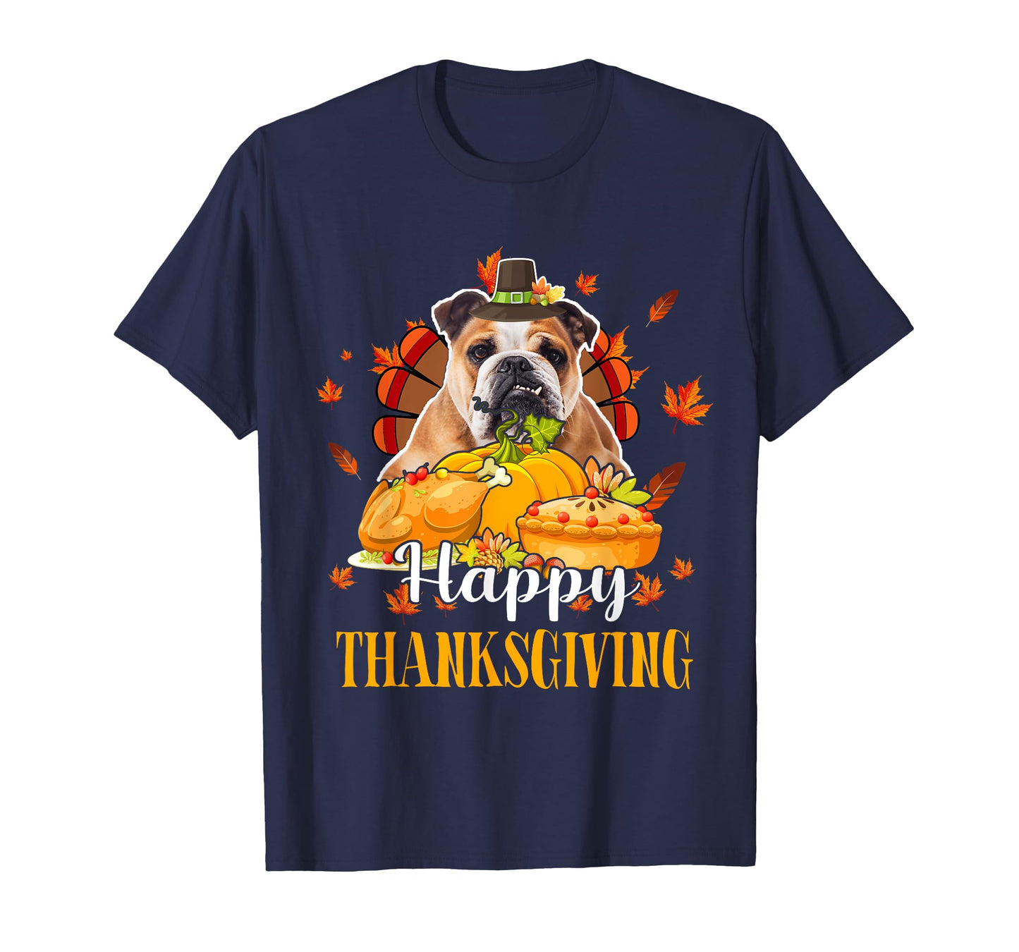 Happy Thanksgiving Turkey Bulldog Wearing Hat Fall Pumpkins T-Shirt