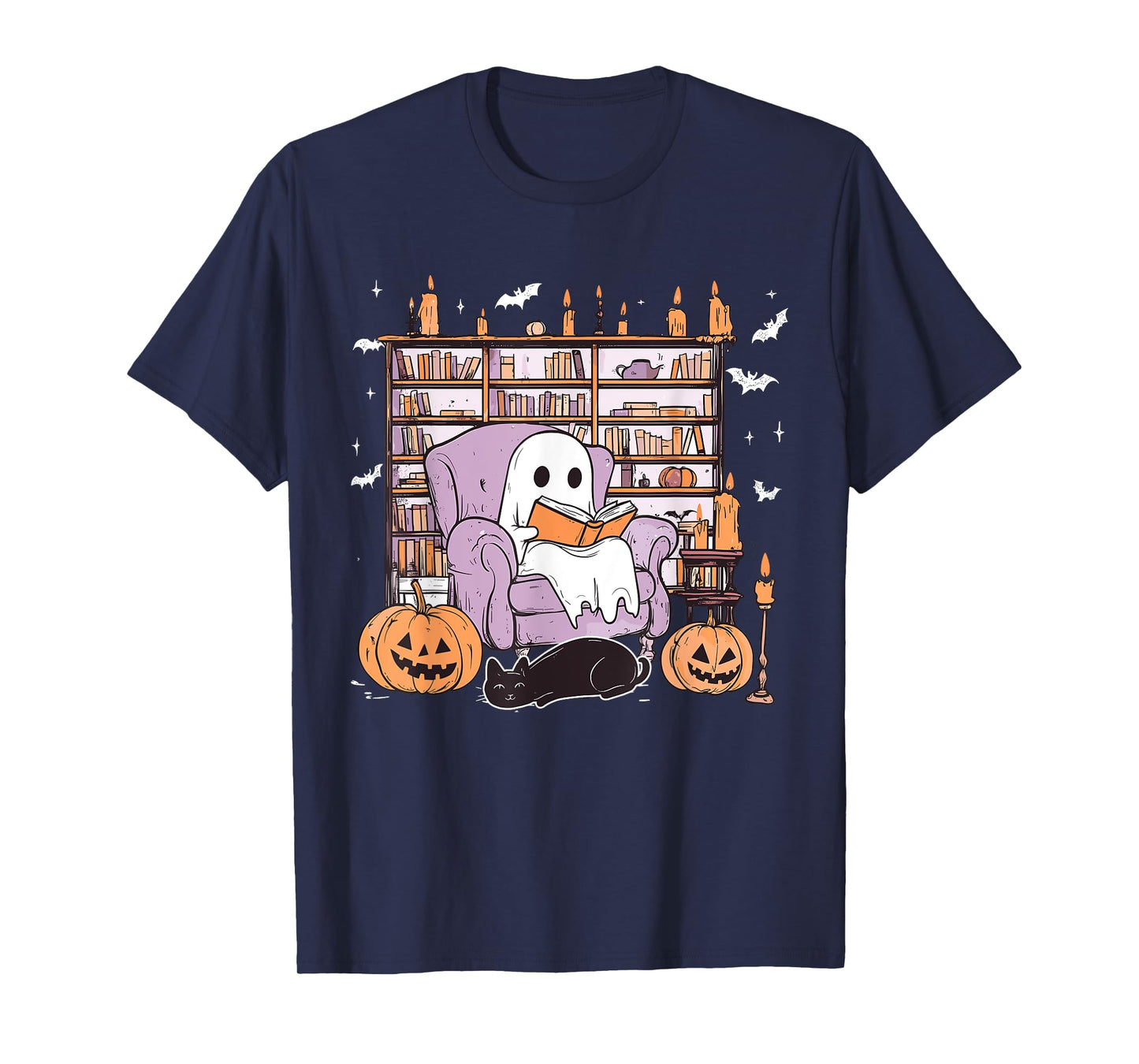 Ghost Reading Books Librarian Ghost Halloween Teacher Womens T-Shirt