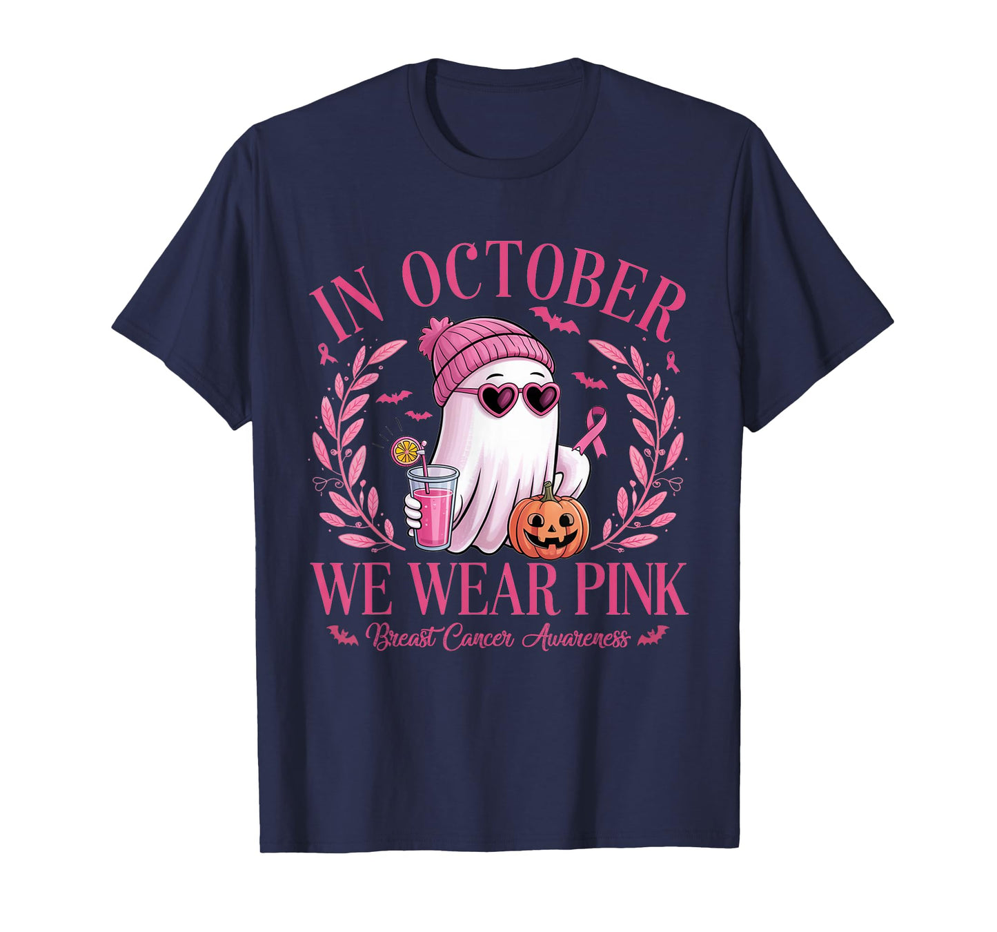 October We Wear Pink Ghost Breast Cancer Awareness Halloween T-Shirt
