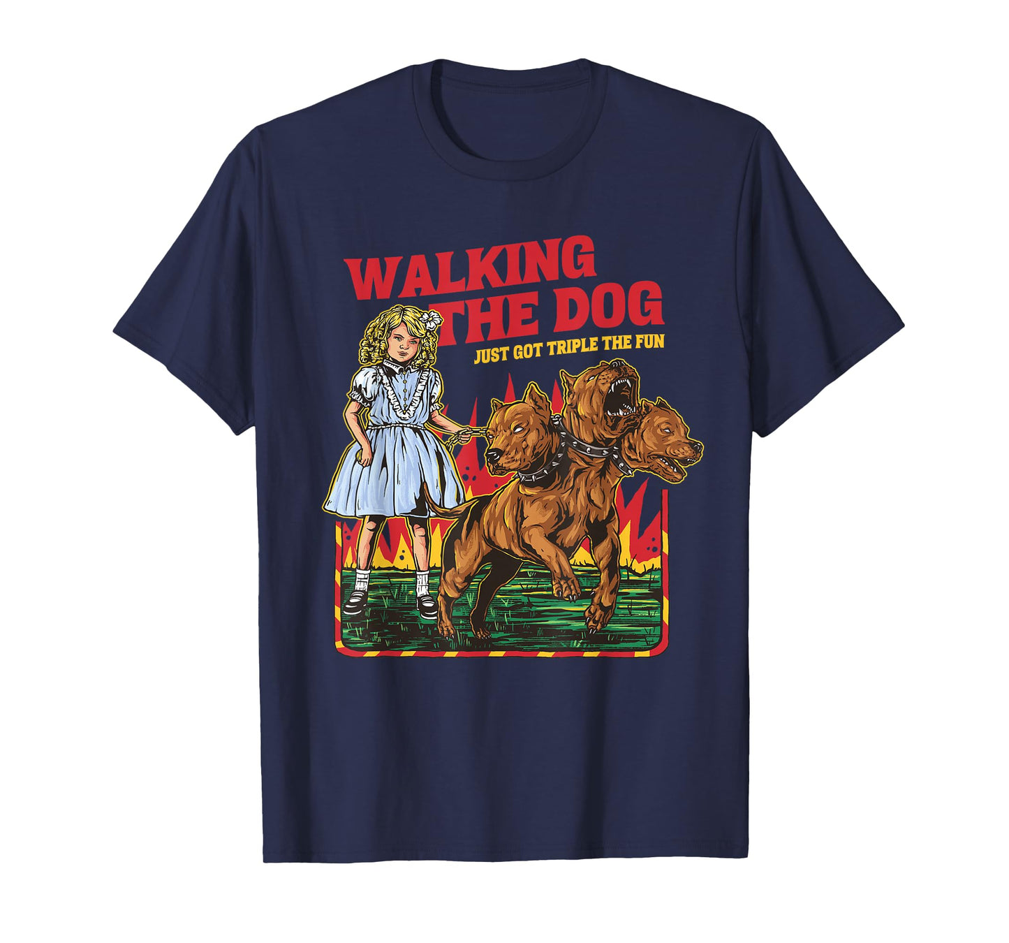Walking The Dog Cerberus Funny Meme Graphic Vintage Retro T-Shirt