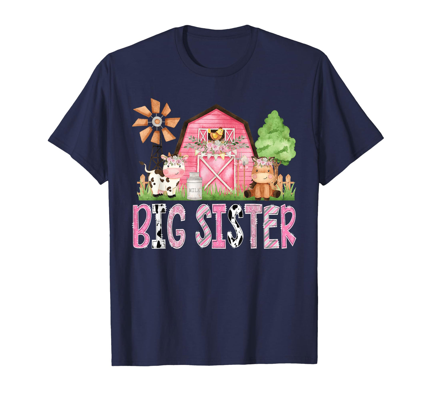 Big Sister Pink Farm Cow Kids Birthday Matching Family T-Shirt