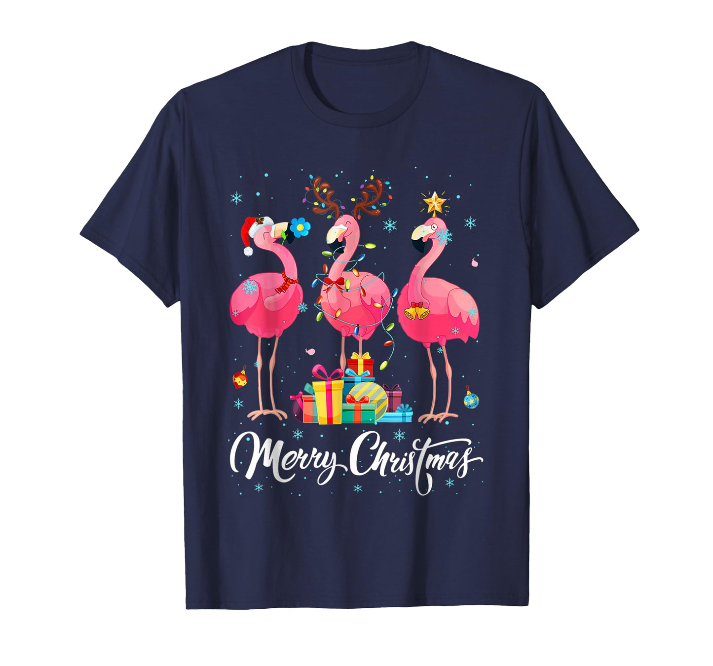 Merry Christmas Hat Santa Flamingo Light Christmas Snow Xmas T-Shirt